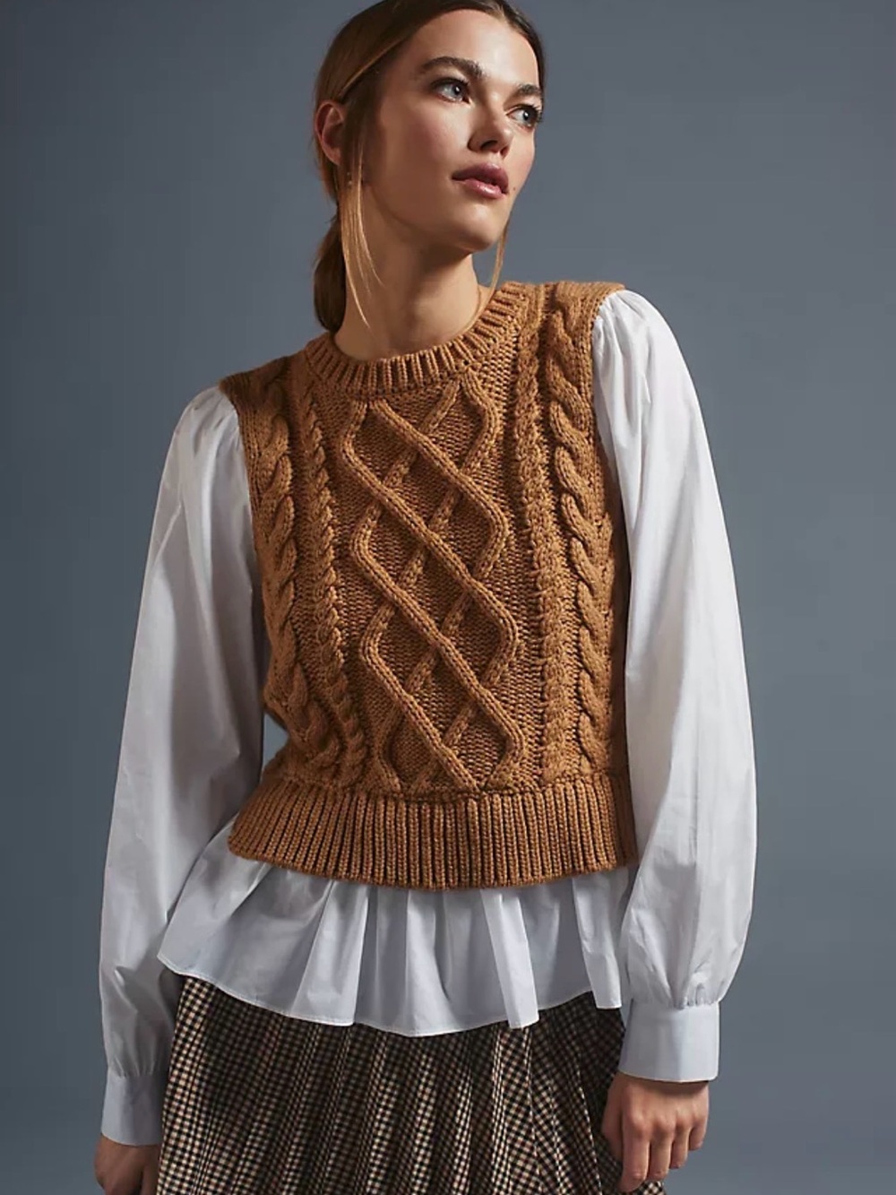 By Anthropologie Cable Knit Sweater Vest & Blouse Layered Top Size Medium - Picture 2 of 6
